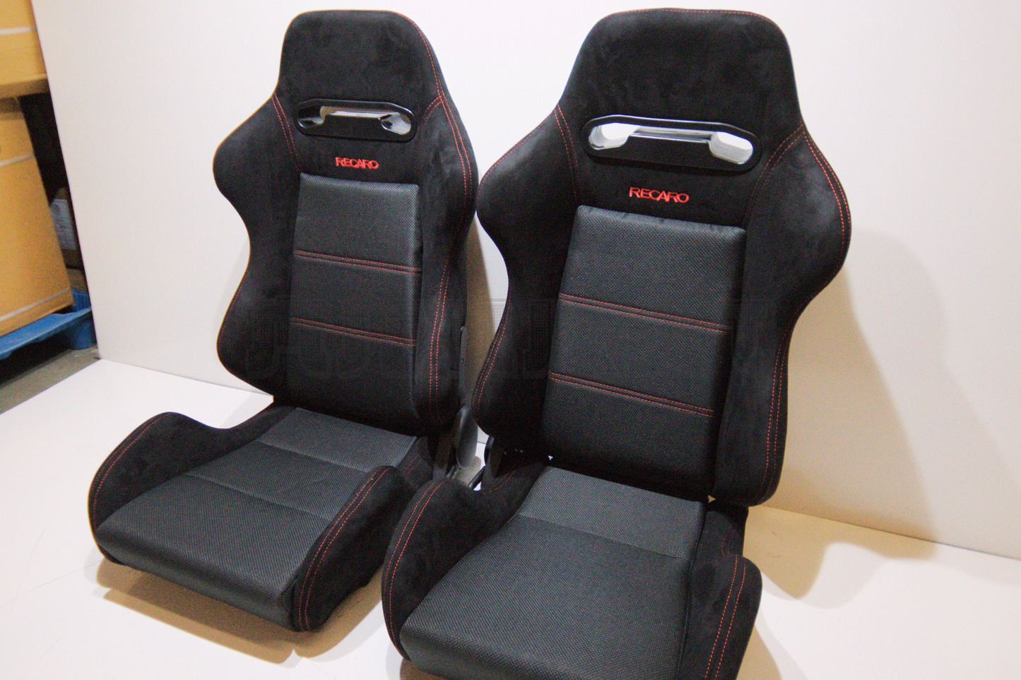Recaro SR3 Style Black Suede Alcantara Red Stitch Reclinable Bucket Seat