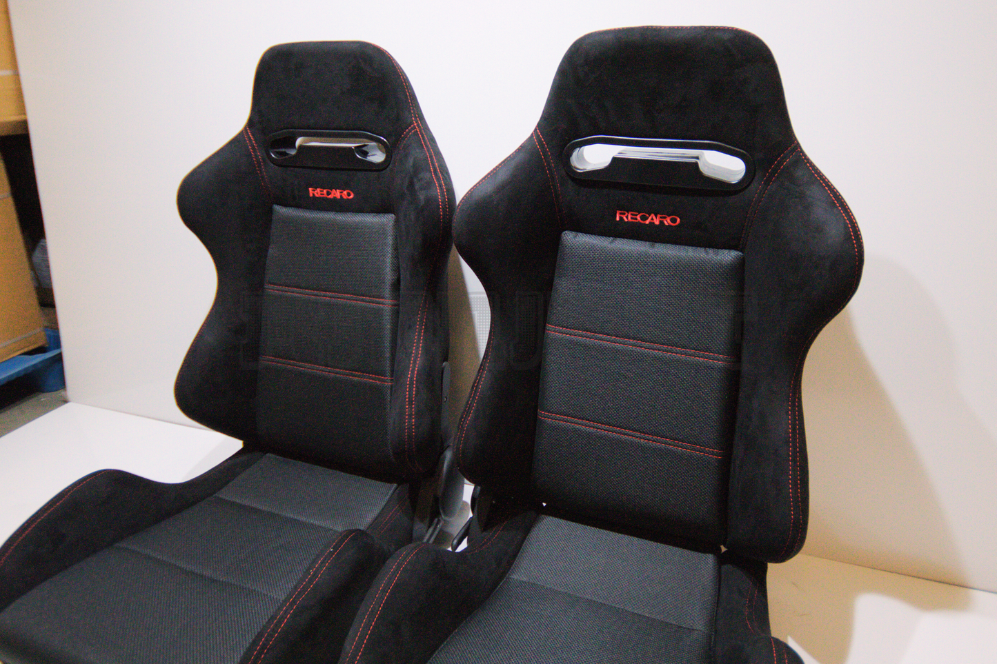 Recaro SR3 Style Black Suede Alcantara Red Stitch Reclinable Bucket Seat