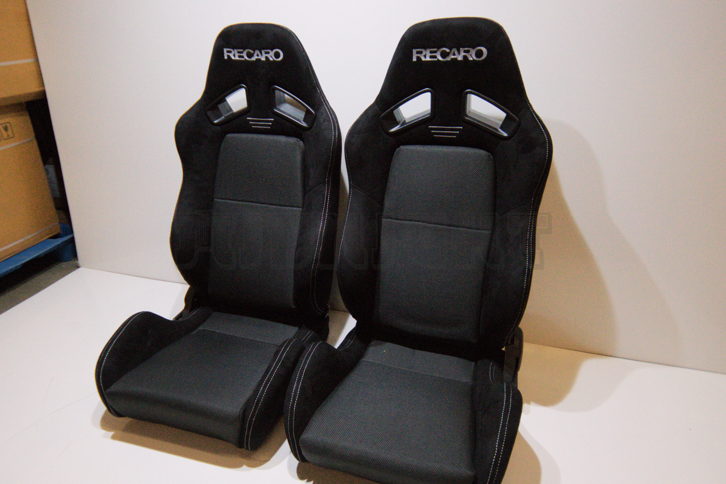 Recaro MS-7 Style Black Suede Alcantara White Stitch Reclinable Bucket Seat