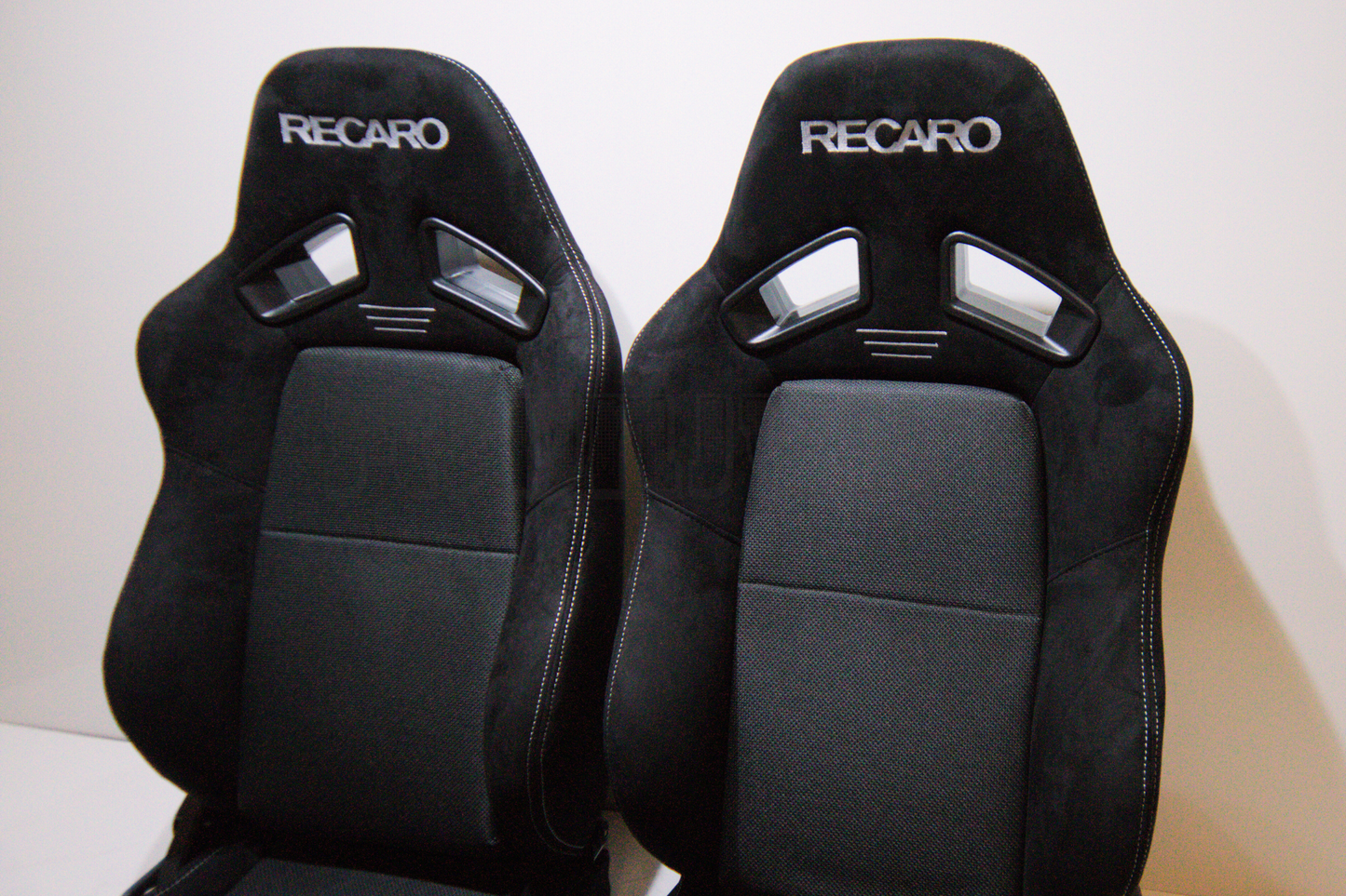 Recaro MS-7 Style Black Suede Alcantara White Stitch Reclinable Bucket Seat