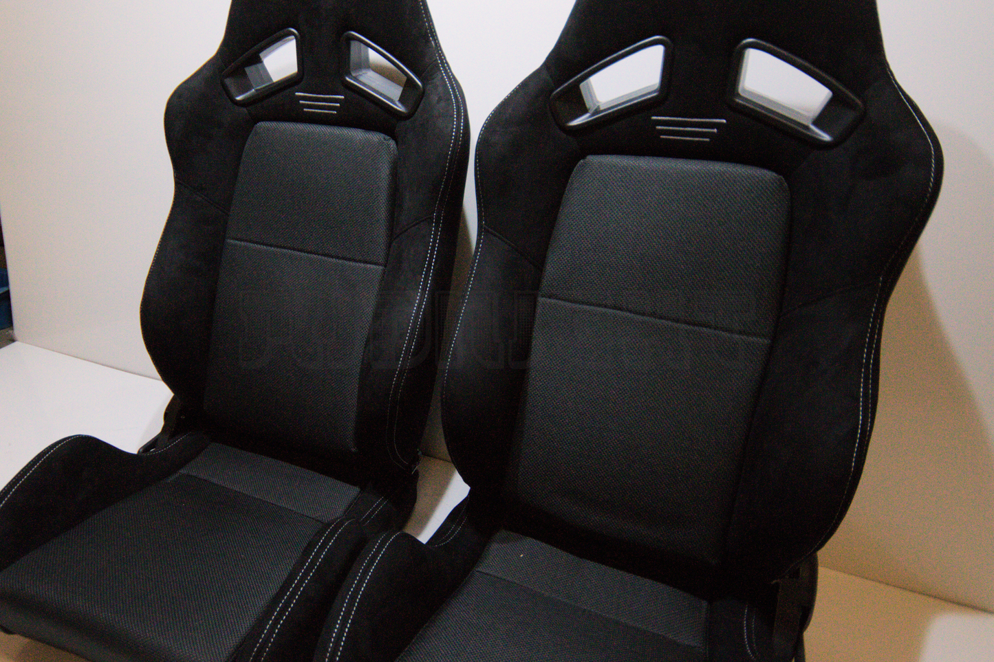 Recaro MS-7 Style Black Suede Alcantara White Stitch Reclinable Bucket Seat