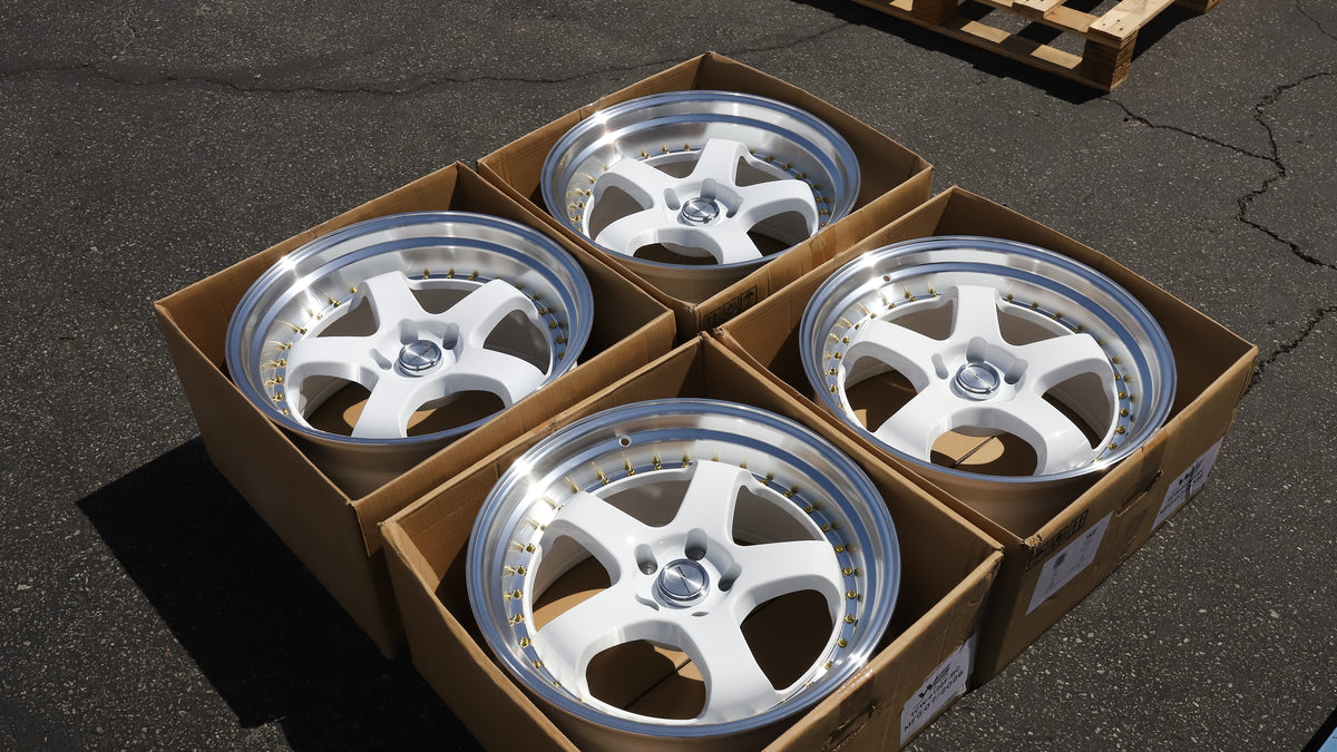 19" White Machined Lip + Gold Rivets Work Meister Style Wheels Staggered Set 19x9.5 +22 / 19x10.5 +25 5x114.3