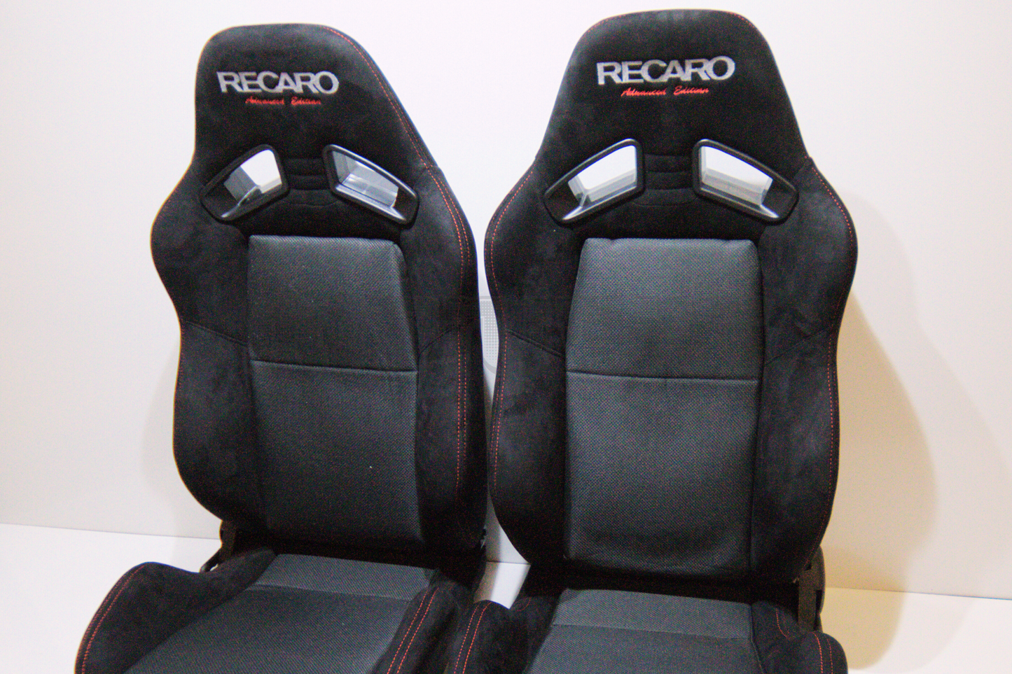 Recaro MS-7 Advanced Edition Style Black Suede Alcantara Red Stitch Reclinable Bucket Seat