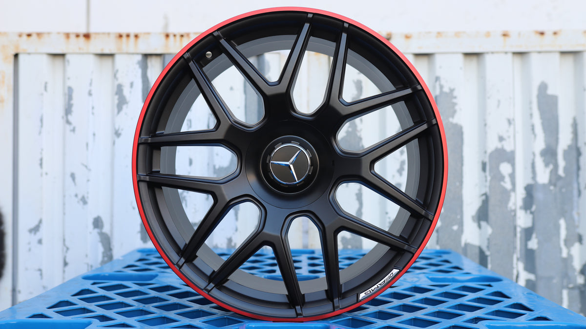 21" Matte Black Red Machined Lip E63 AMG Mercedes Style Wheels Staggered Set 21x10 +35 / 22x10 +36 5x130