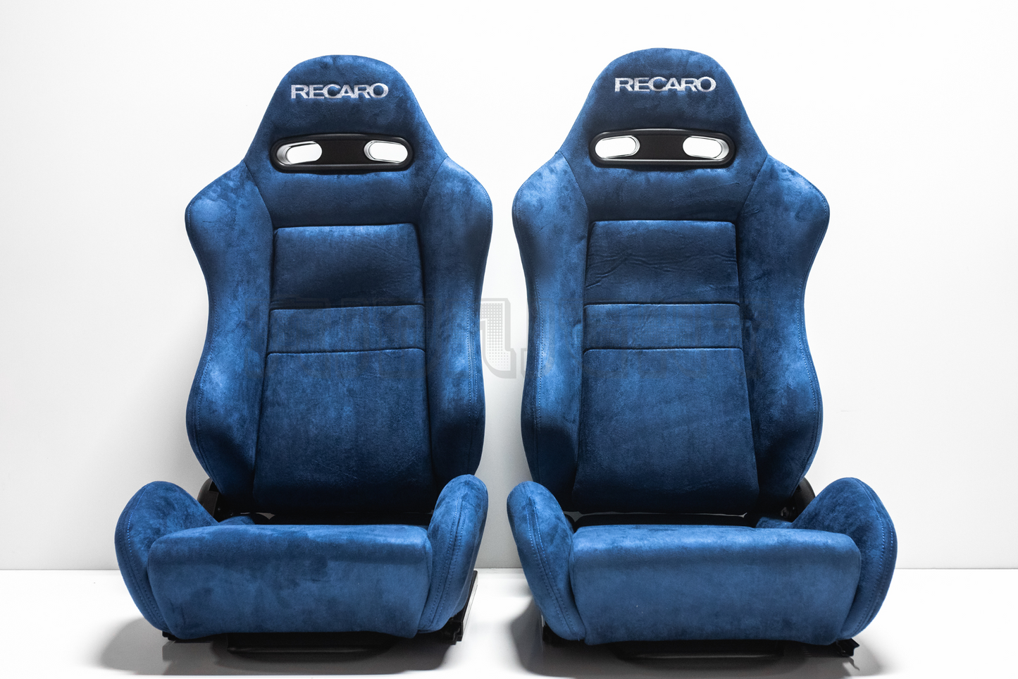 Recaro SR3 Style Blue Suede Alcantara White Embroidery Reclinable Bucket Seat