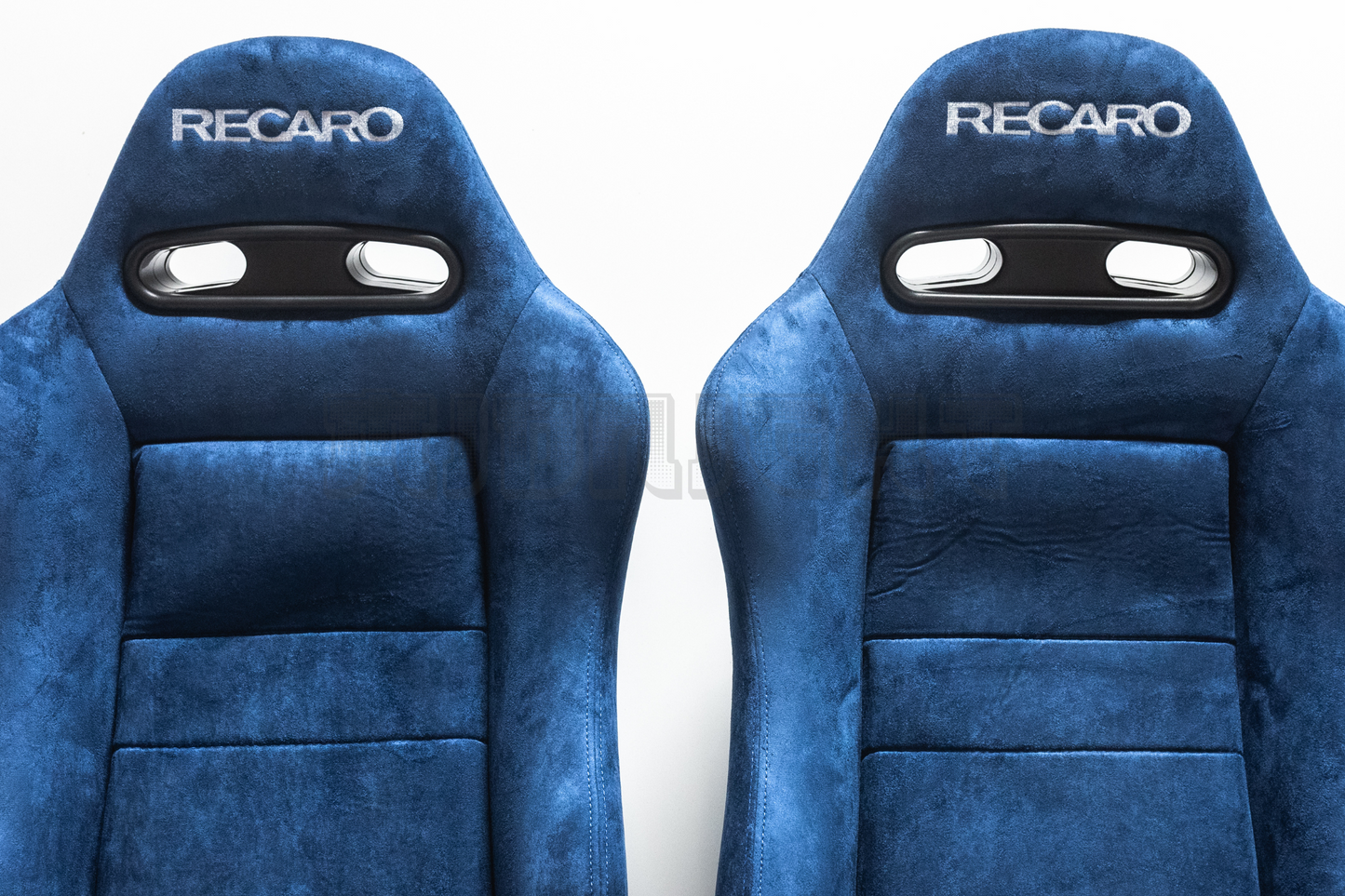 Recaro SR3 Style Blue Suede Alcantara White Embroidery Reclinable Bucket Seat