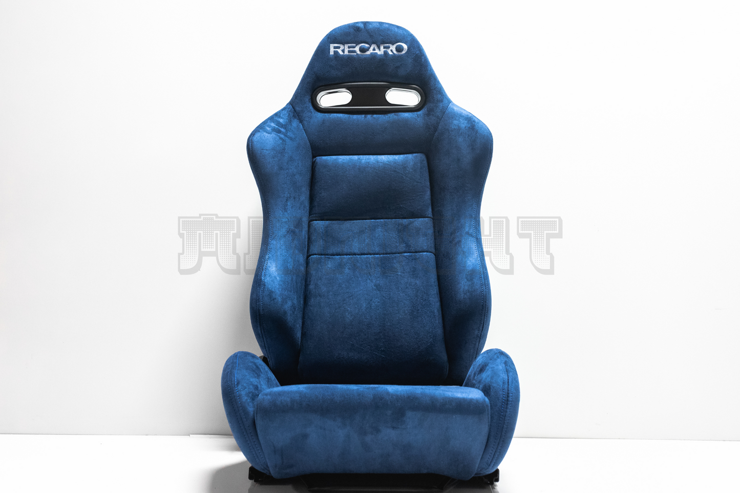 Recaro SR3 Style Blue Suede Alcantara White Embroidery Reclinable Bucket Seat