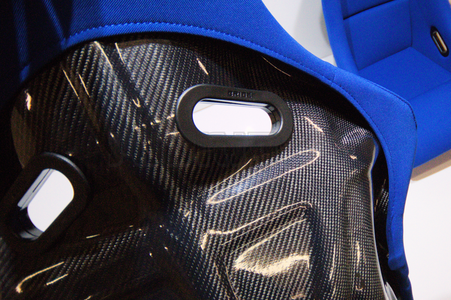 Bride Zeta III Carbon Fiber Style Blue Fabric Fixed Back Seat