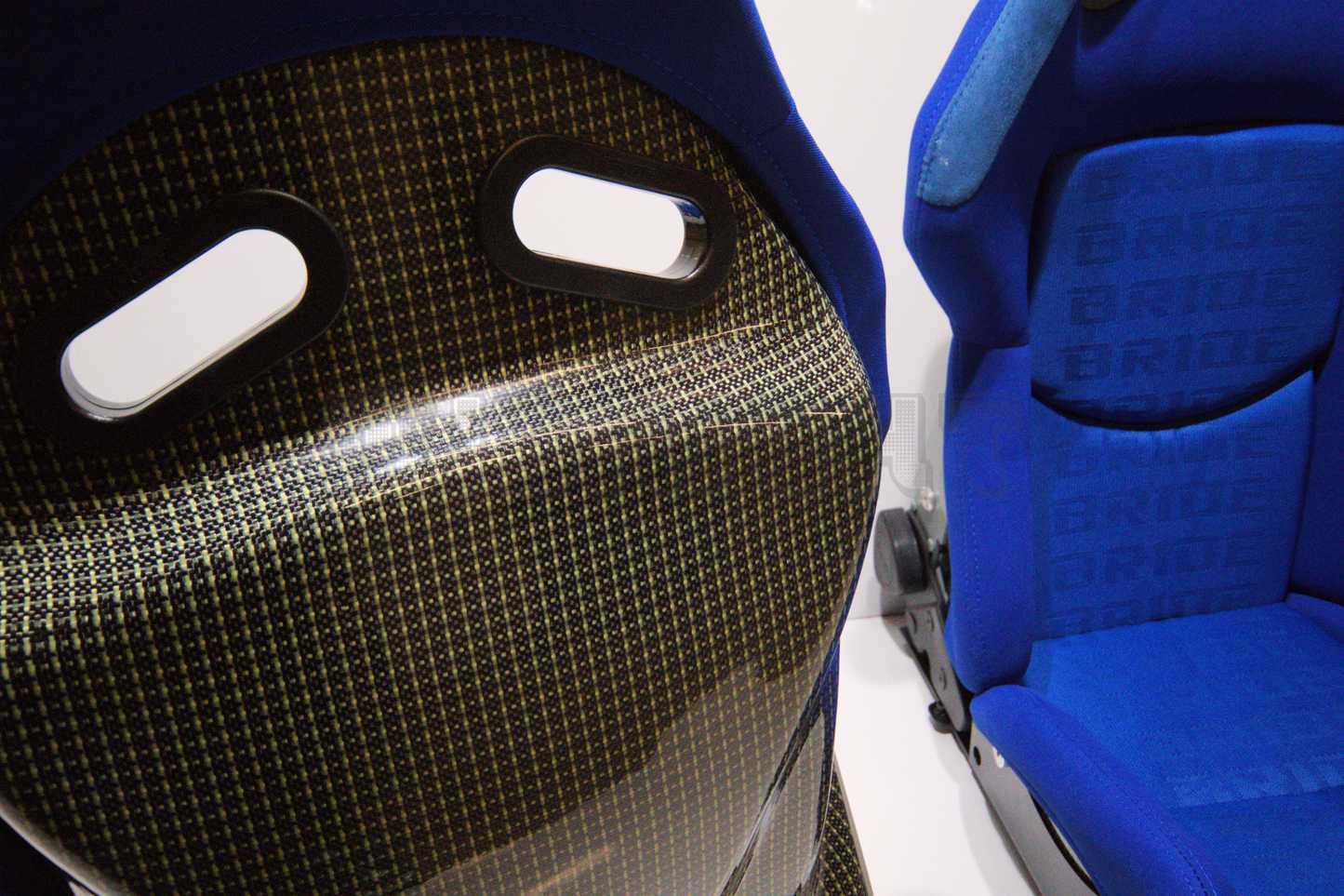 Bride Stradia II Style Blue Fabric Reclinable Bucket Seat Carbon Kevlar Back