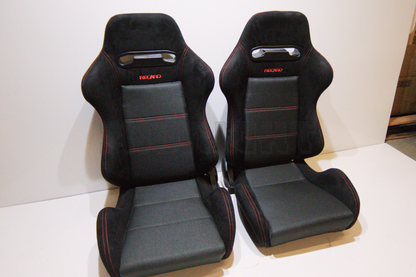 Recaro SR3 Style Black Suede Alcantara Red Stitch Reclinable Bucket Seat