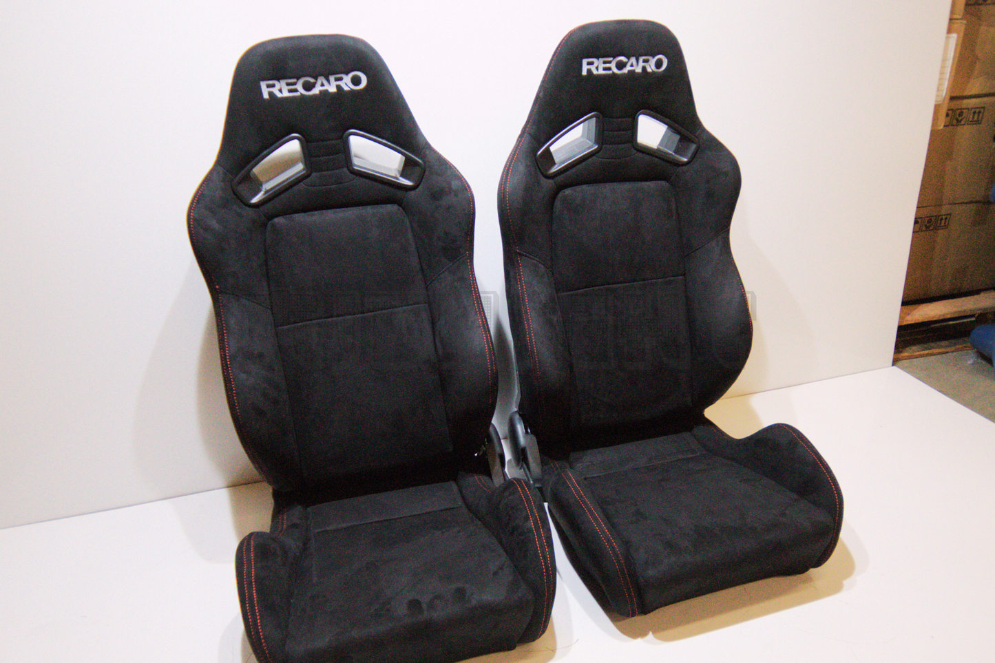 Recaro MS-7 Style Black Suede Alcantara Red Stitch Reclinable Bucket Seat
