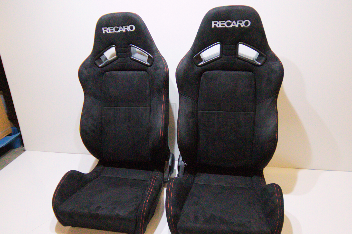 Recaro MS-7 Style Black Suede Alcantara Red Stitch Reclinable Bucket Seat