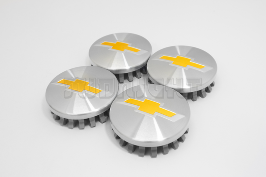 Set Of Four Chevrolet Silver & Yellow Center Hub Caps