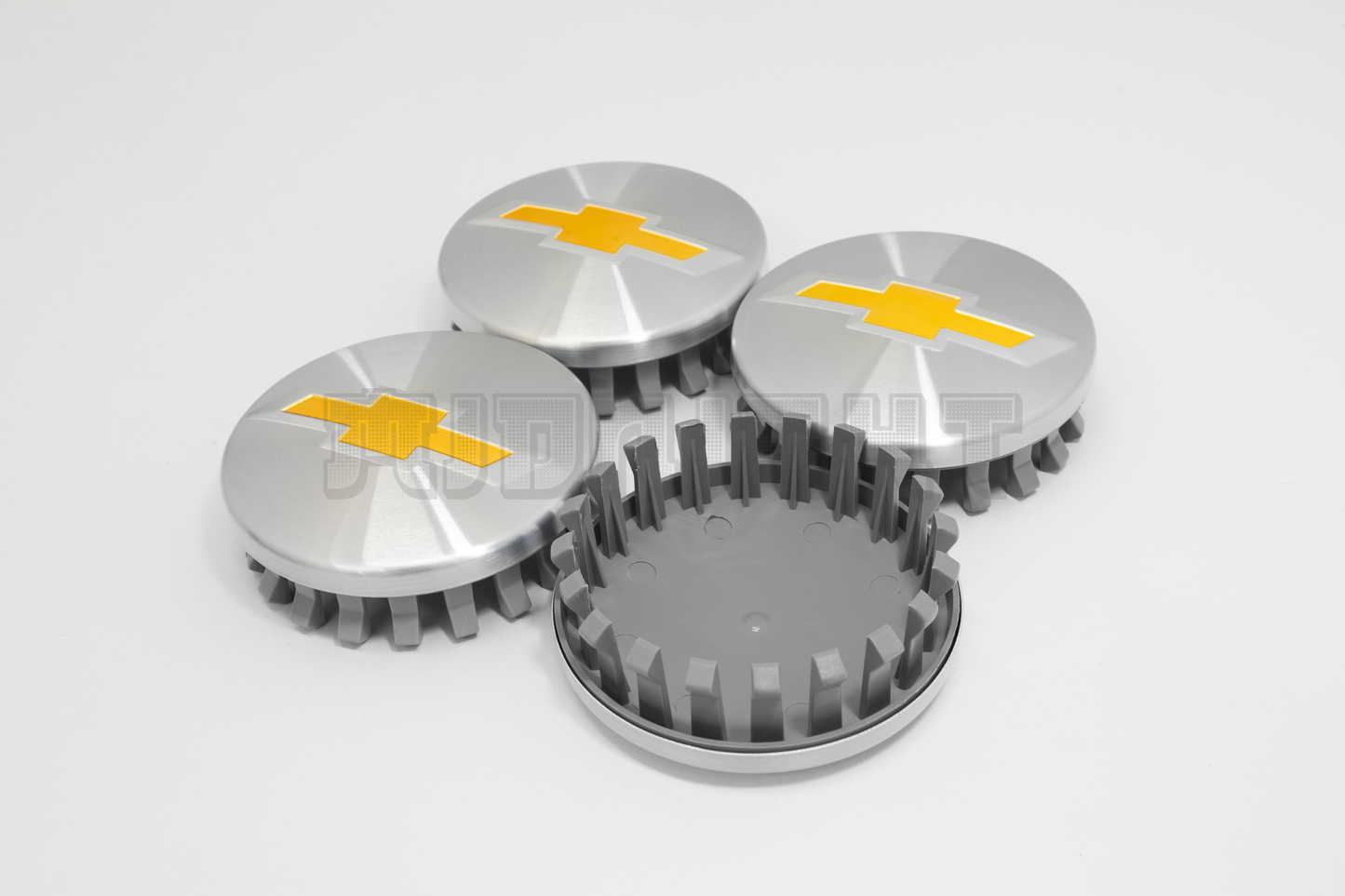 Set Of Four Chevrolet Silver & Yellow Center Hub Caps