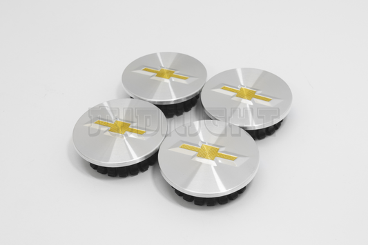 Set Of Four Chevrolet Silver & Yellow Center Hub Caps