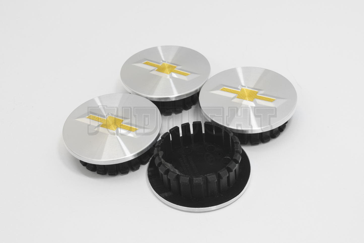 Set Of Four Chevrolet Silver & Yellow Center Hub Caps