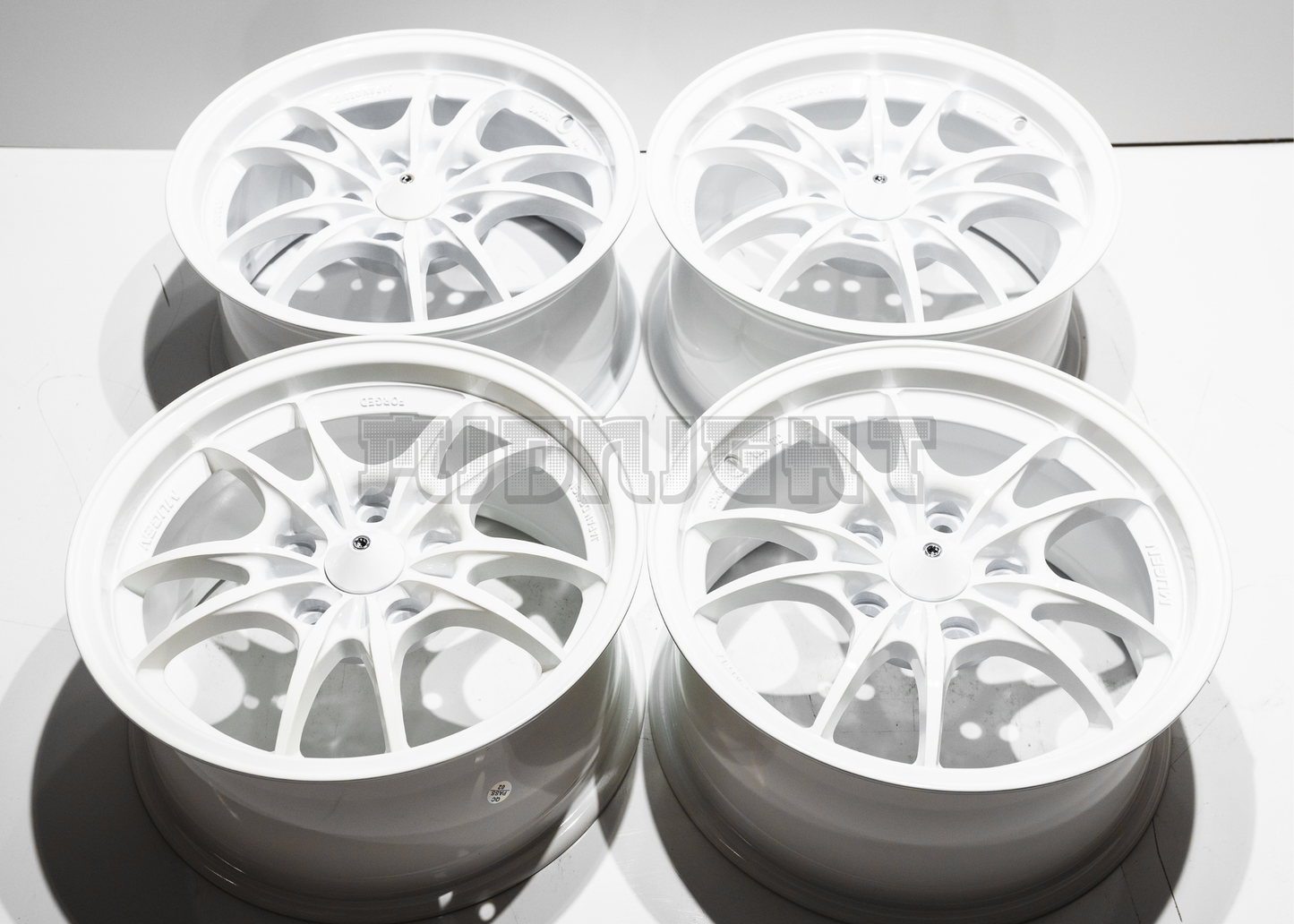 15" White Mugen MF10 Style Wheels (5x114.3) Square Set