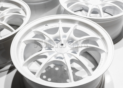 15" White Mugen MF10 Style Wheels (5x114.3) Square Set