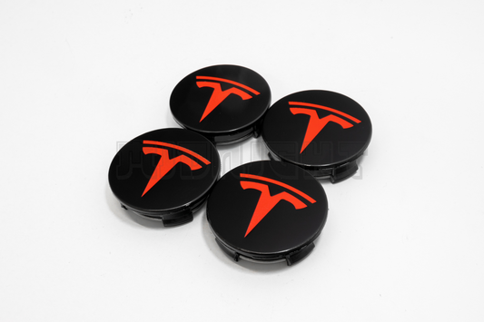 Set Of Four Tesla Black & Red Center Hub Caps