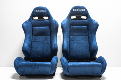 Recaro SR3 Style Blue Suede Alcantara White Embroidery Reclinable Bucket Seat