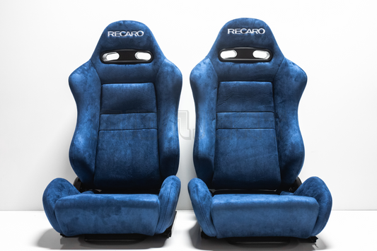 Recaro SR3 Style Blue Suede Alcantara White Embroidery Reclinable Bucket Seat