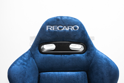 Recaro SR3 Style Blue Suede Alcantara White Embroidery Reclinable Bucket Seat