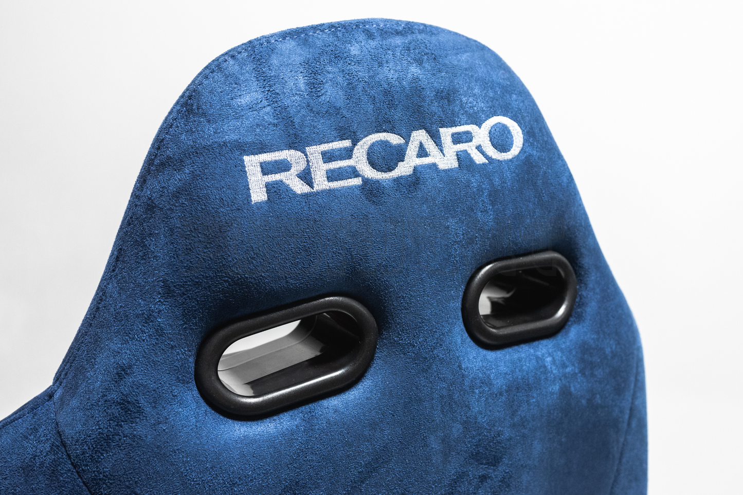Recaro SR3 Style Blue Suede Alcantara White Embroidery Reclinable Bucket Seat