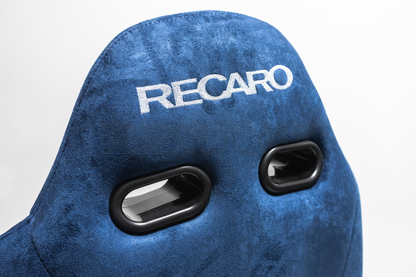 Recaro SR3 Style Blue Suede Alcantara White Embroidery Reclinable Bucket Seat