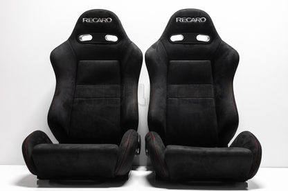Recaro SR3 Style Black Suede Alcantara White Embroidery Reclinable Bucket Seat