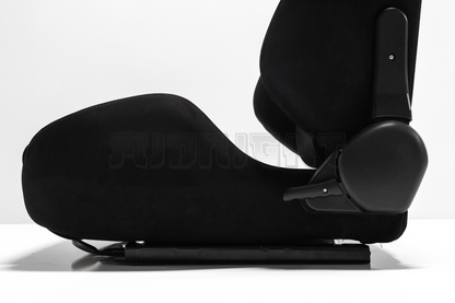 Recaro SR3 Style Black Suede Alcantara White Embroidery Reclinable Bucket Seat