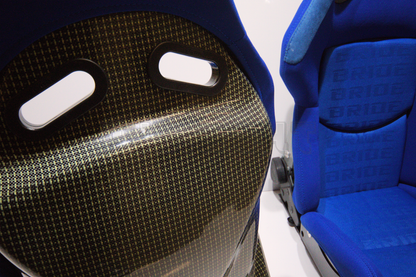 Bride Stradia II Style Blue Fabric Reclinable Bucket Seat Carbon Kevlar Back