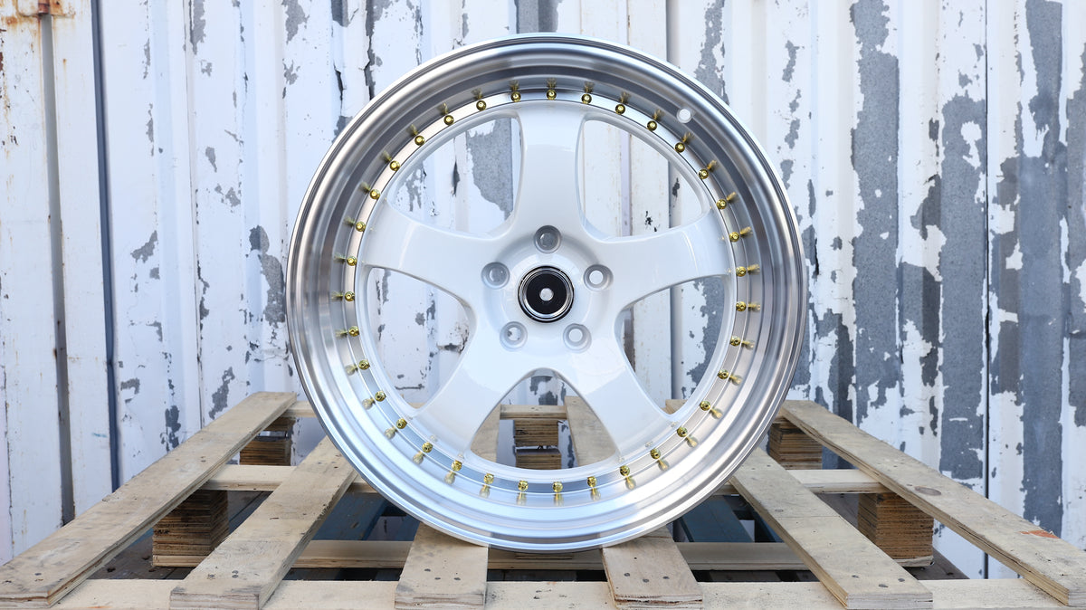 19" White Machined Lip Work Meister Style Wheels Staggered Set 19x9.5 +22 / 19x10.5 +25 5x114.3