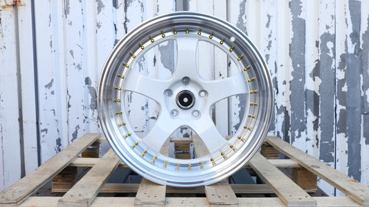 19" White Machined Lip Work Meister Style Wheels Staggered Set 19x9.5 +22 / 19x10.5 +25 5x114.3