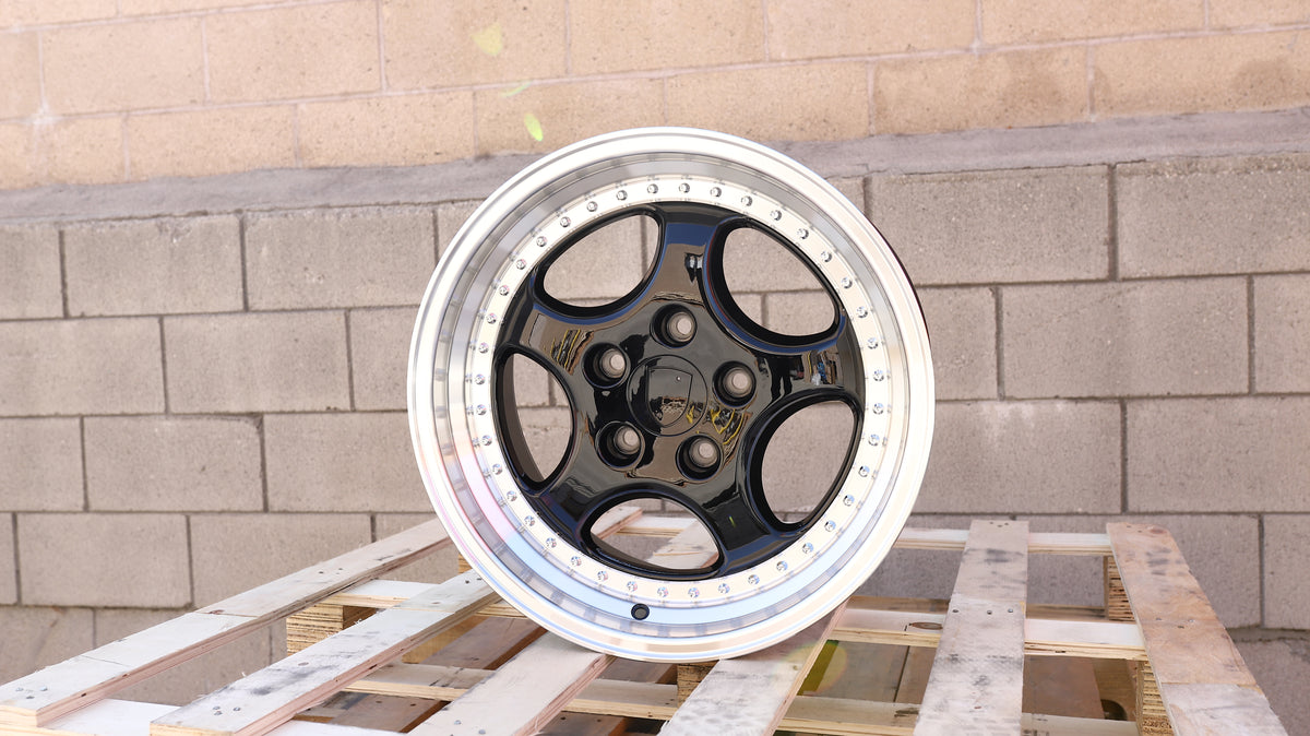 18" Black Machine Lip Speedline Style Wheels Staggered Set 18x8.0 +50 / 18x9.5 +50 5x130