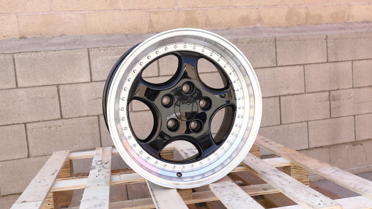 18" Black Machine Lip Speedline Style Wheels Staggered Set 18x8.0 +50 / 18x9.5 +50 5x130