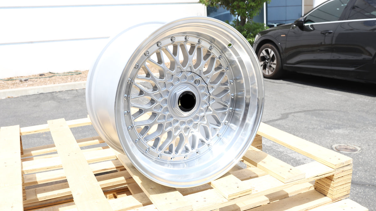 17" Silver Machine Lip BBS Super RS Style Wheels Staggered Set 17x8.5 +15 / 17x10.0 +15 5x100/5x114.3